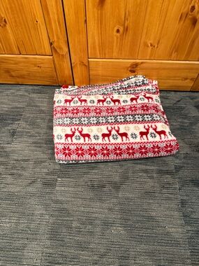 Cozy Holiday Reindeer Fleece Blanket - Red, White, Gray- King Size
